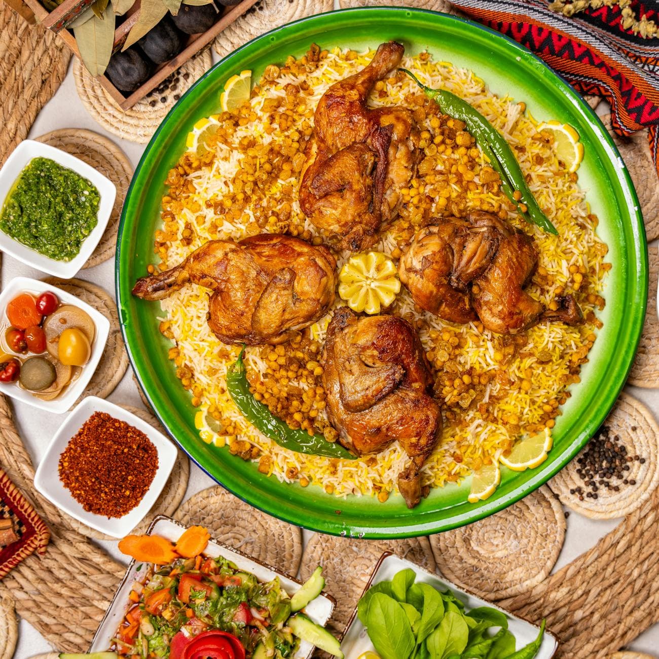 ملوخية خضراء مع الفراخ والفاصوليا البيضاء ورز بالشعيريه